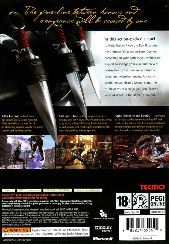 Back Cover for Ninja Gaiden II (Xbox 360) (Release with PEGI rating)