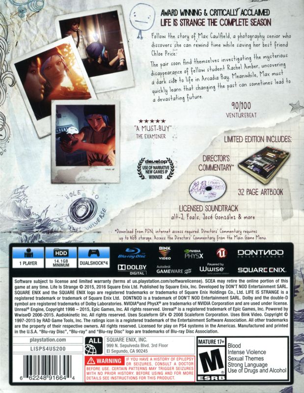 Back Cover for Life Is Strange: Limited Edition (PlayStation 4)