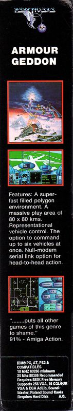 Spine/Sides for Armour-Geddon (DOS) (3.5" Disk Version): Box cover sleeve, right side. Left side identical, minus system requirements.