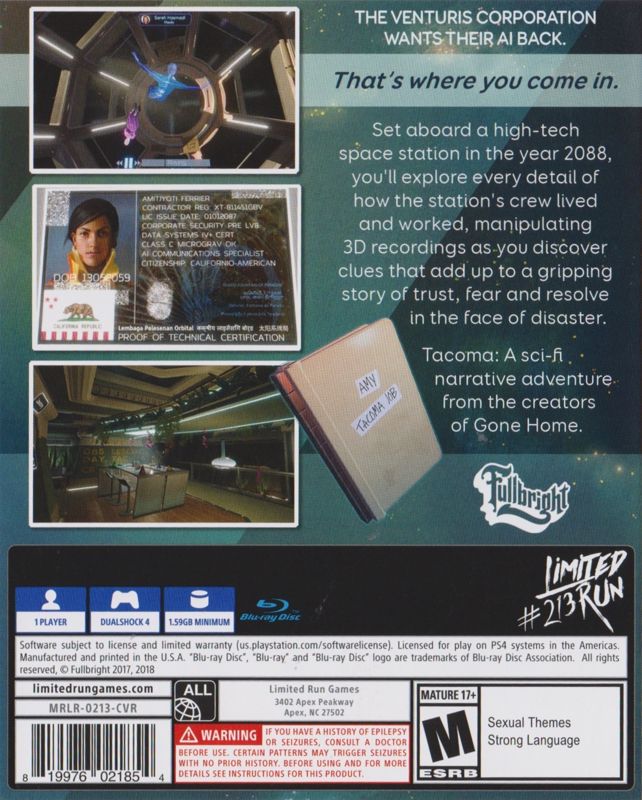 Back Cover for Tacoma (PlayStation 4) (Limited Run Games release)