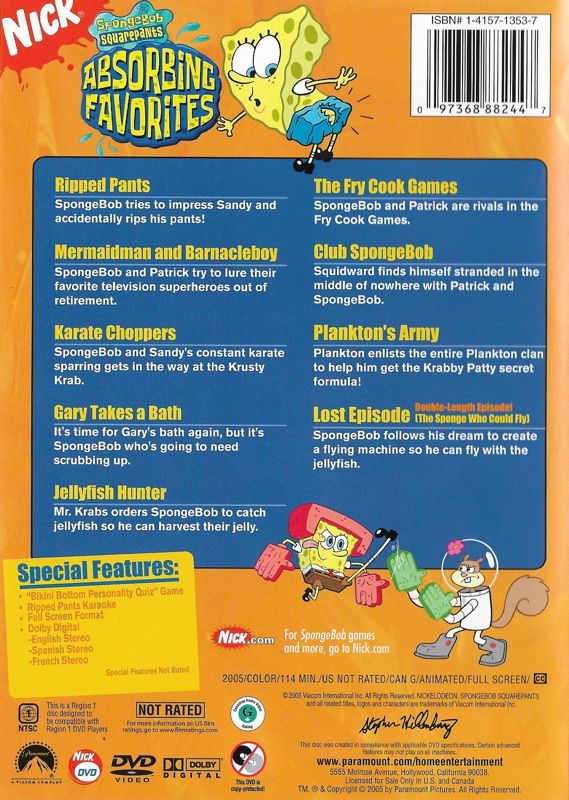 Back Cover for Spongebob Squarepants: Absorbing Favorites (included game) (DVD Player)
