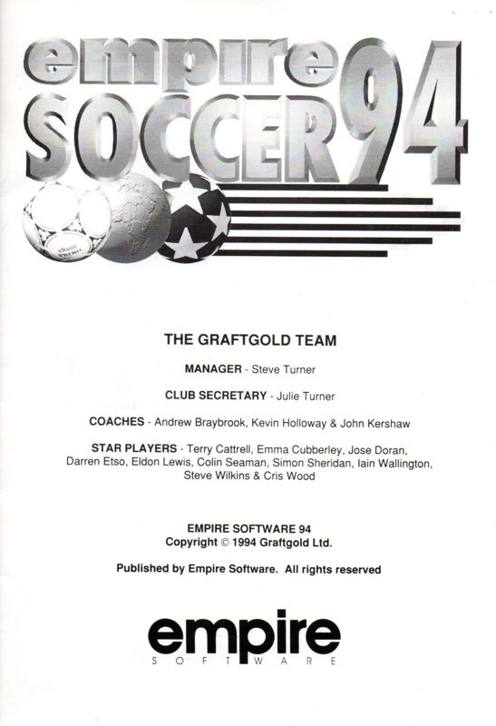 Manual for Empire Soccer 94 (DOS): Front