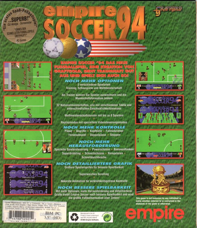Back Cover for Empire Soccer 94 (DOS)