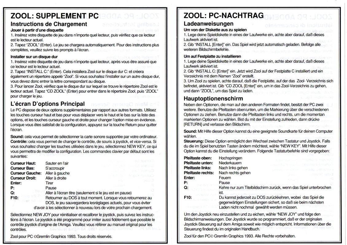 Reference Card for Zool (DOS): Back