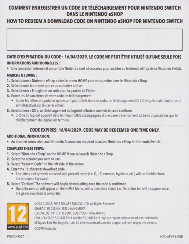 Other for Final Fantasy X | X-2: HD Remaster (Nintendo Switch): DLC Voucher for <i>Final Fantasy X-2</i> - Back
