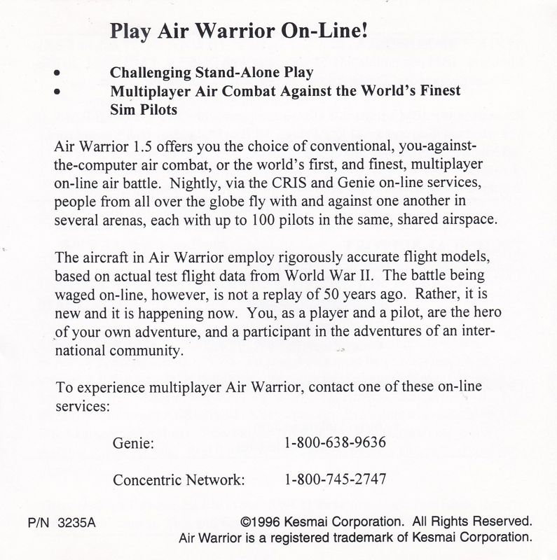 Inside Cover for Air Warrior (DOS) (WizardWorks release, version 1.5)