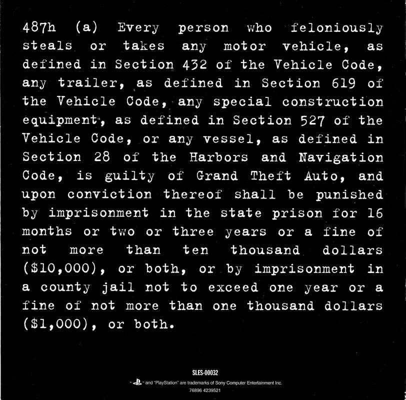 Manual for Grand Theft Auto (PlayStation): Back