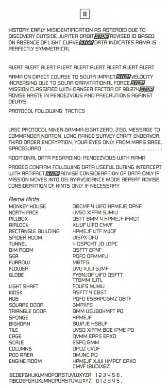 Extras for Rendezvous with Rama (Commodore 64): mission notes II