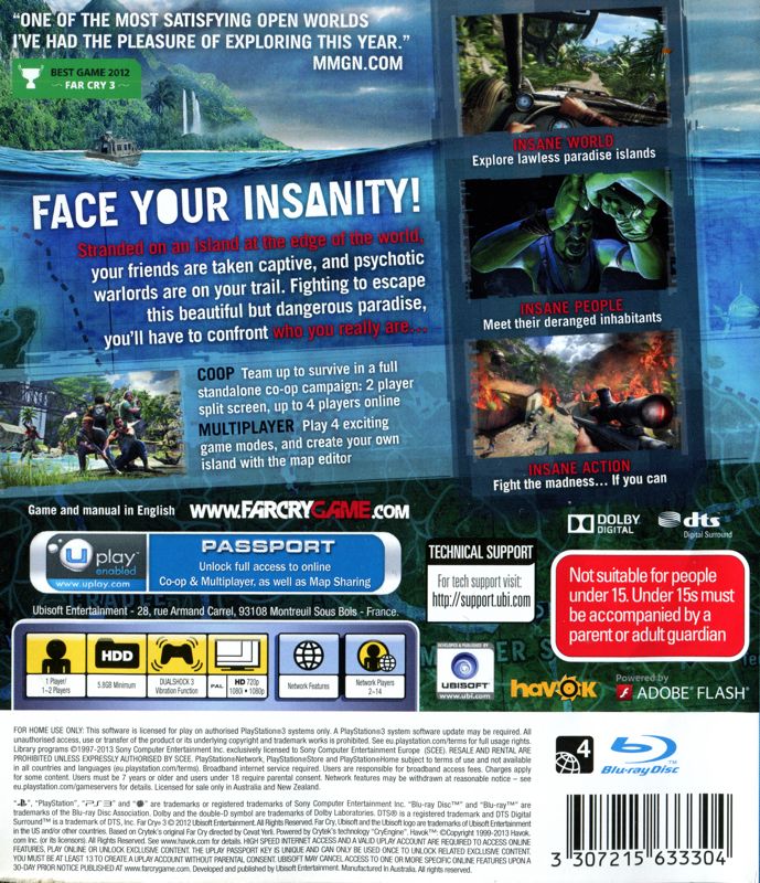 Back Cover for Far Cry 3 (PlayStation 3)
