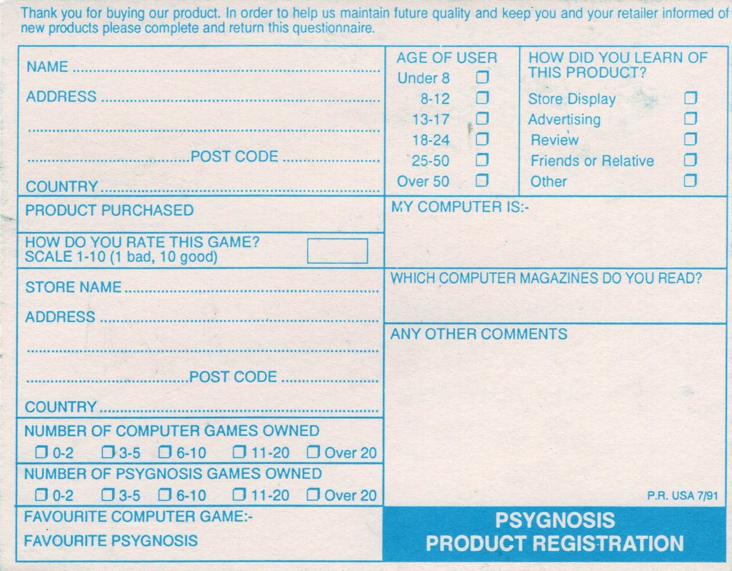 Other for Armour-Geddon (DOS) (3.5" Disk Version): Registration card back