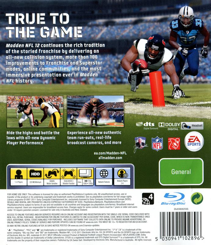 Back Cover for Madden NFL 12 (PlayStation 3)