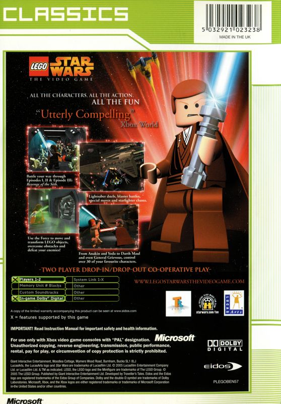 Back Cover for LEGO Star Wars: The Video Game (Xbox) (Classics release)