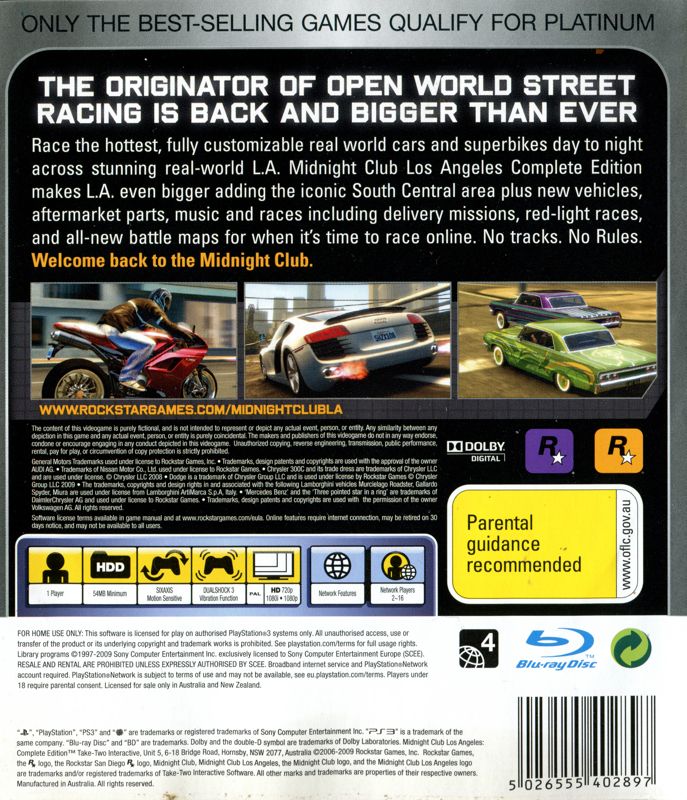 Back Cover for Midnight Club: Los Angeles - Complete Edition (PlayStation 3) (Platinum release)