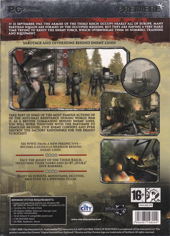 Back Cover for Battlestrike: Force of Resistance (Windows) (The band round the top of the sleeve is a reflective metallic silver which scans as a dark grey)