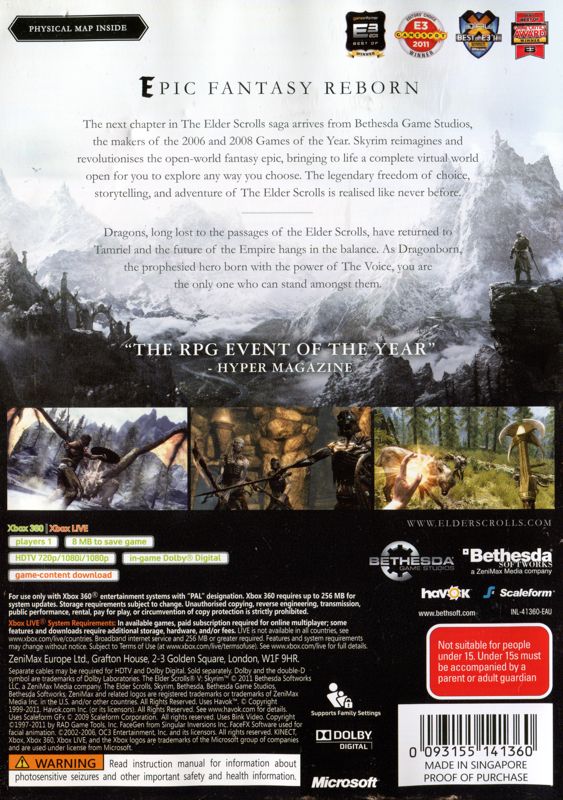 Back Cover for The Elder Scrolls V: Skyrim (Xbox 360)