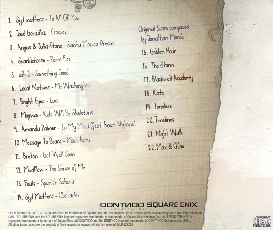 Soundtrack for Life Is Strange: Limited Edition (PlayStation 4): Jewel Case - Back