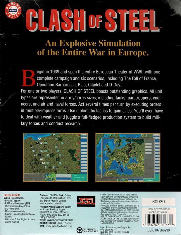 Back Cover for Clash of Steel: World War II, Europe 1939-45 (DOS) (Gamers Choice release)