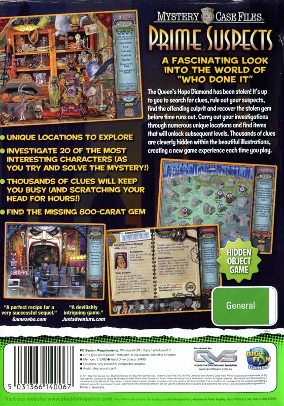 Back Cover for Mystery Case Files: Prime Suspects (Windows) (Black Lime Games release)