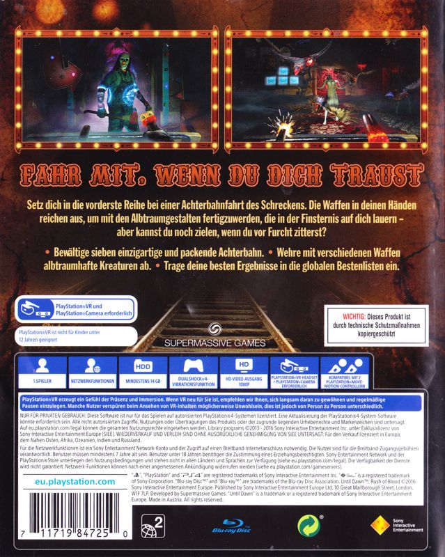 Back Cover for Until Dawn: Rush of Blood (PlayStation 4)