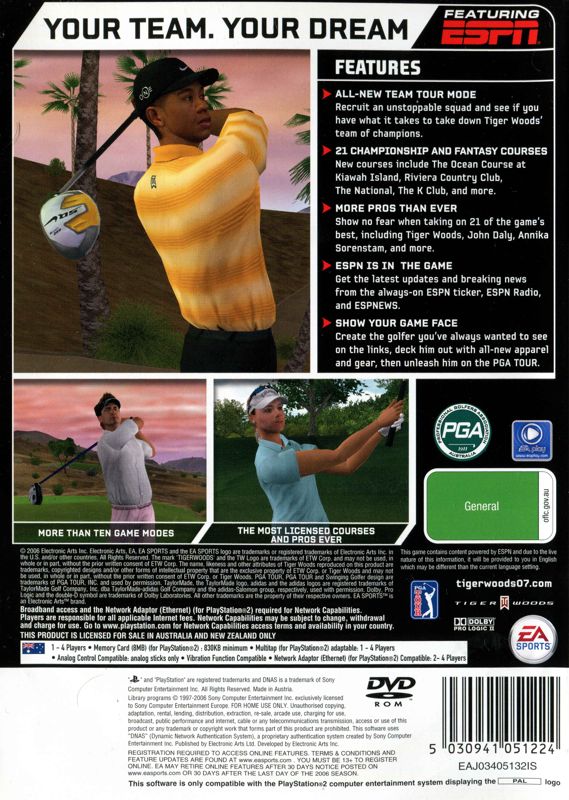 Back Cover for Tiger Woods PGA Tour 07 (PlayStation 2)