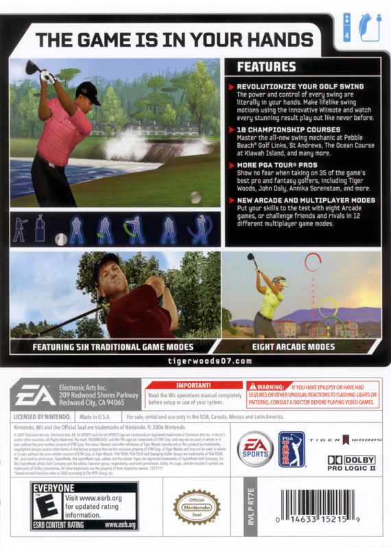 Back Cover for Tiger Woods PGA Tour 07 (Wii)