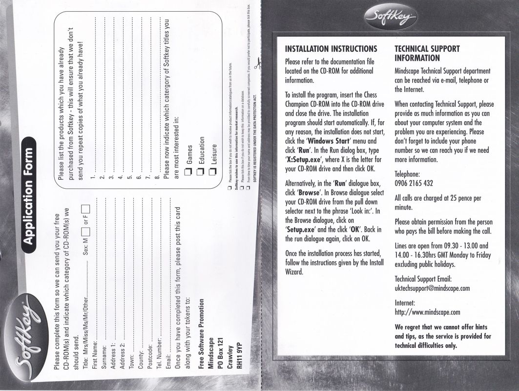 Other for Chess System Tal II (Windows) (Softkey/Purple Software release): The Registration Card and the Installation instructions are attached. There's a license and a promotional offer on the other side