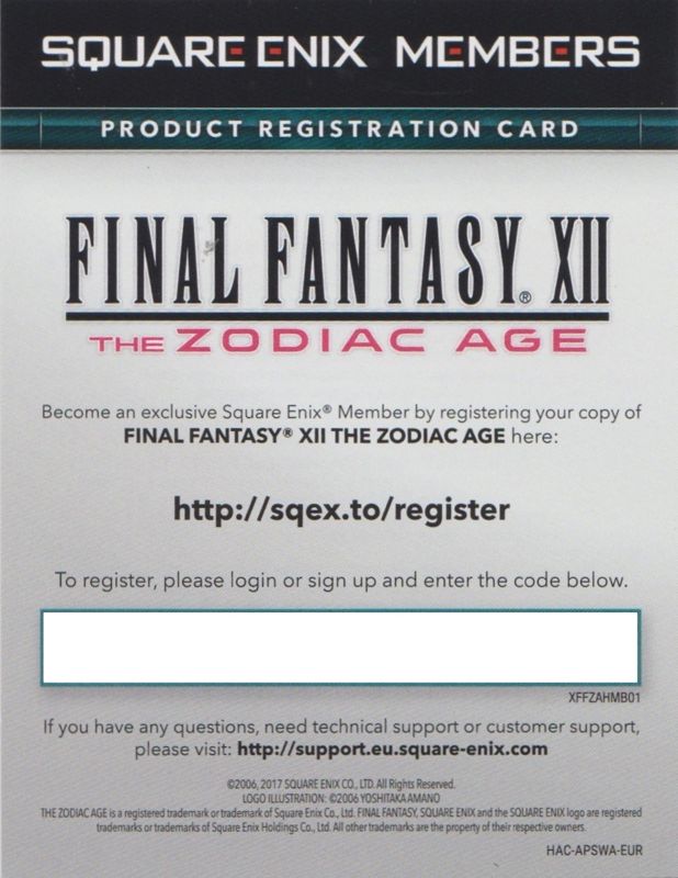 Extras for Final Fantasy XII: The Zodiac Age (Nintendo Switch): Square Enix Registration Flyer - Front