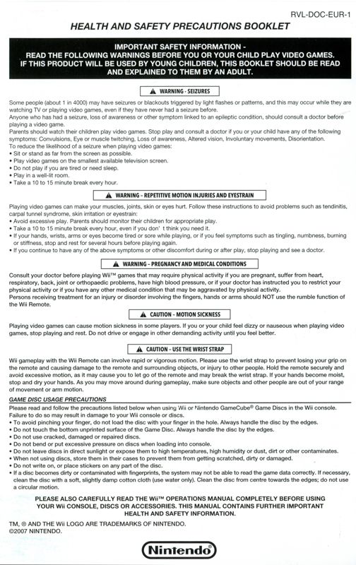Extras for SpongeBob SquigglePants (Wii): Health and safety precautions flyer