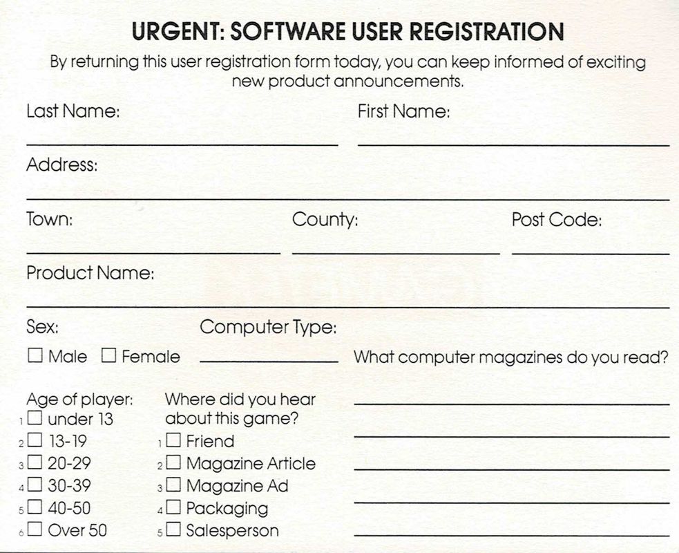 Extras for Hole in One (DOS): Registration Card - Back