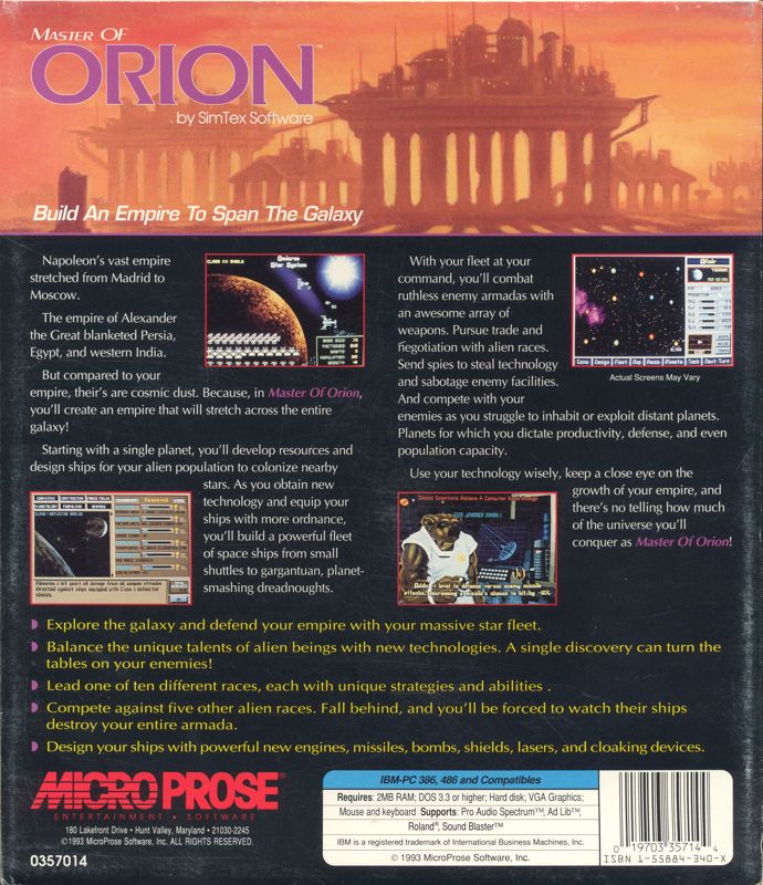 Back Cover for Master of Orion (DOS)