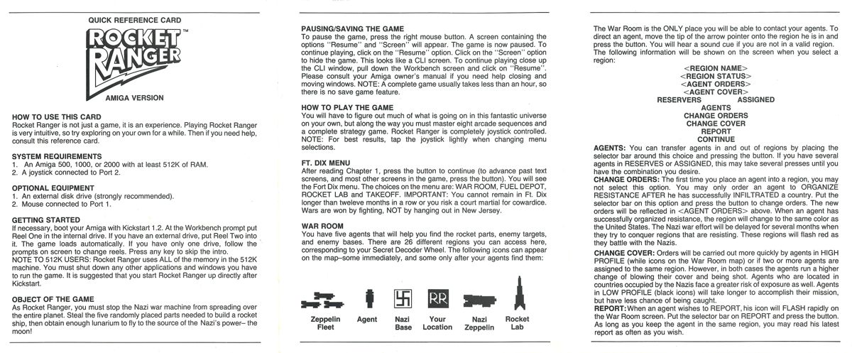 Reference Card for Rocket Ranger (Amiga): Front