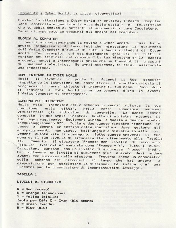 Manual for The Paranoia Complex (Commodore 64): Additional Italian manual