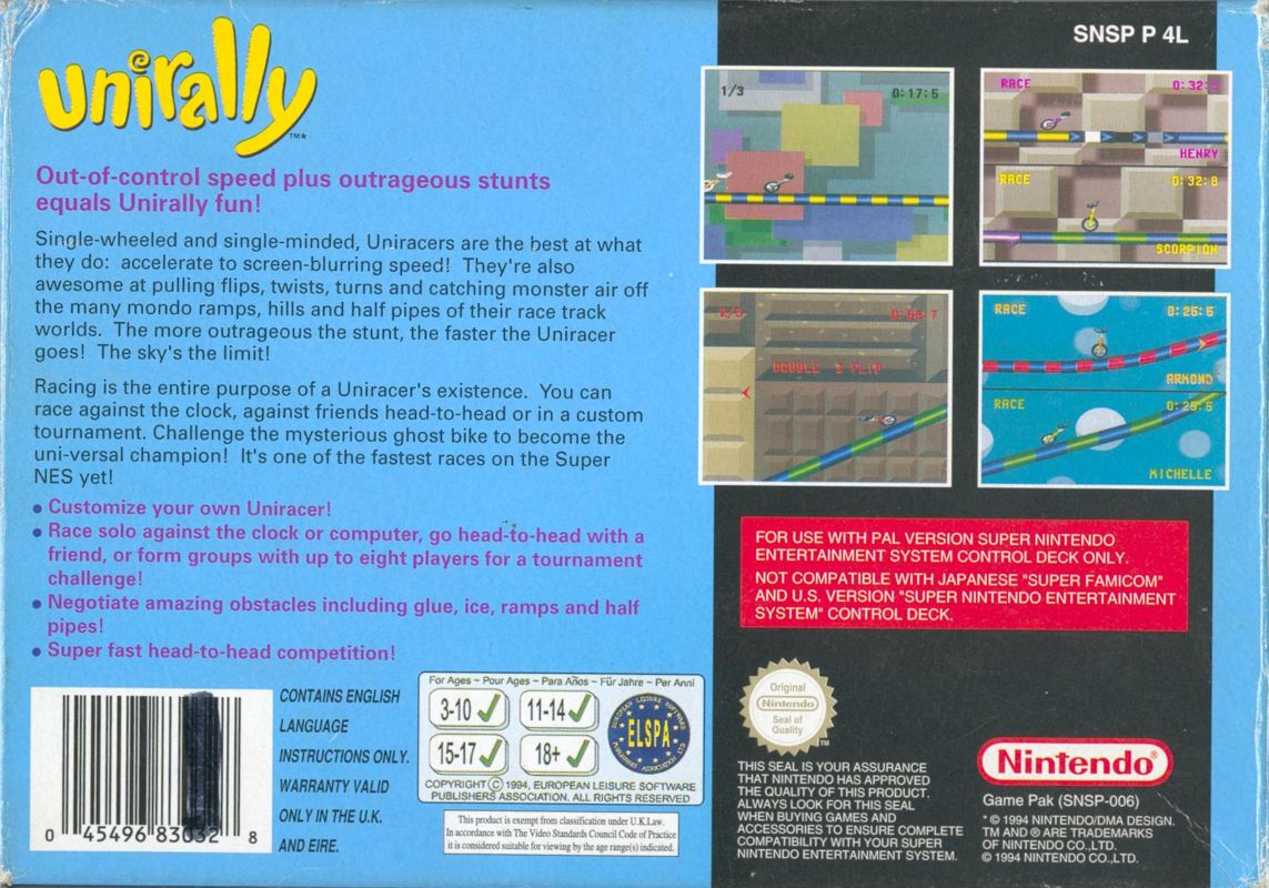 Back Cover for Uniracers (SNES)