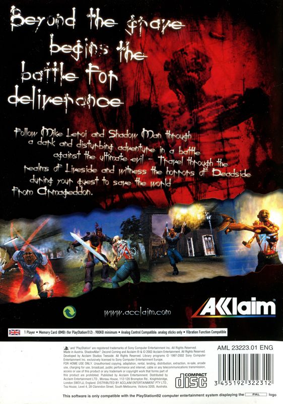 Back Cover for Shadow Man: 2econd Coming (PlayStation 2)
