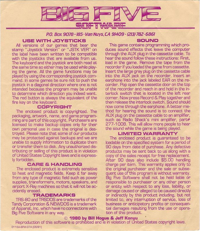 Back Cover for Cosmic Fighter (TRS-80)