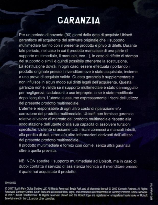Extras for South Park: The Fractured But Whole (Nintendo Switch): Customer Service & Warranty Leaflet - Back