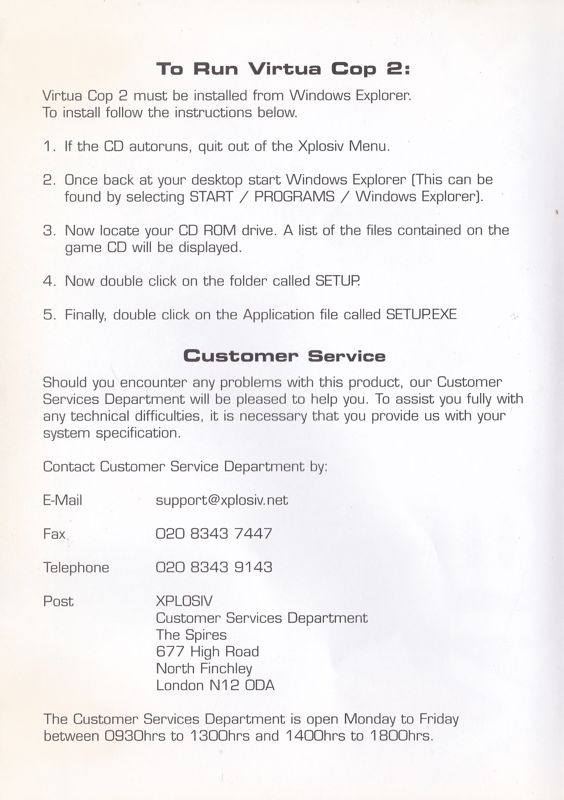 Inside Cover for Virtua Cop 2 (Windows) (Xplosiv release): Left