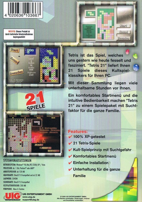 Back Cover for Tetris: 21 Spiele (Windows) (Game Now UIG release)