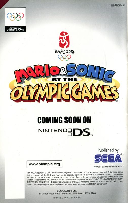 Manual for Mario & Sonic at the Olympic Games (Wii): Back