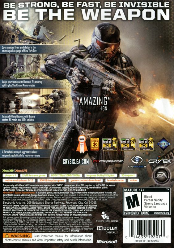 Back Cover for Crysis 2 (Xbox 360)