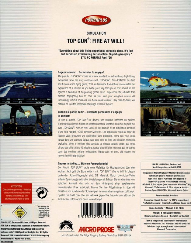 Back Cover for Top Gun: Fire at Will! (DOS) (Power Plus budget release)