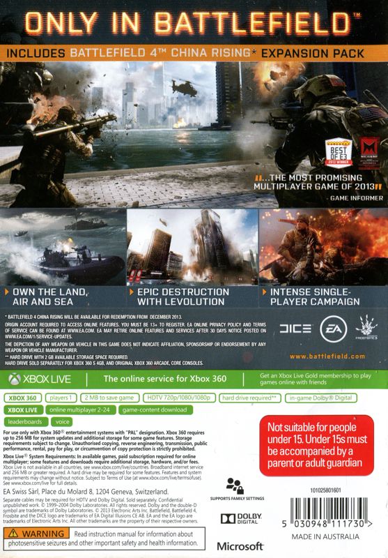 Back Cover for Battlefield 4 (Xbox 360)