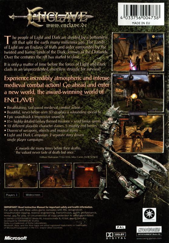 Back Cover for Enclave (Xbox)