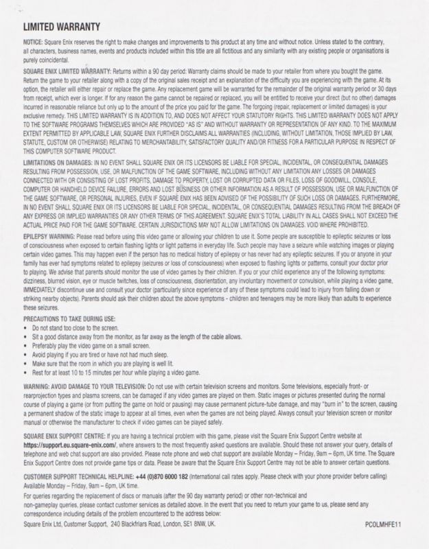 Extras for Collection of Mana (Nintendo Switch): Warranty Booklet - Back