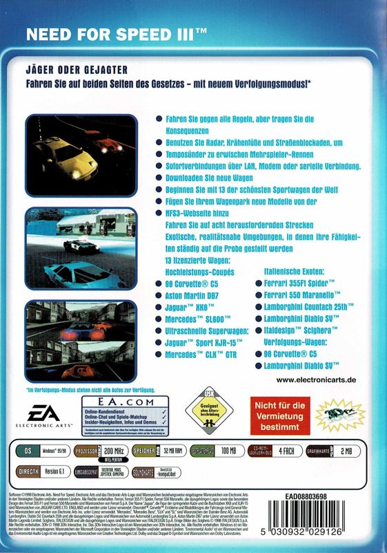 Back Cover for Need for Speed III: Hot Pursuit (Windows) (Electronic Arts Collector release)