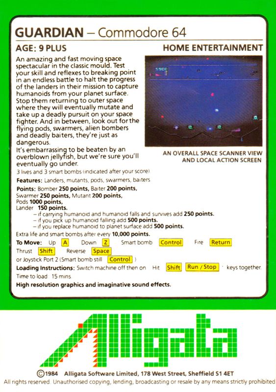 Back Cover for Guardian (Commodore 64)