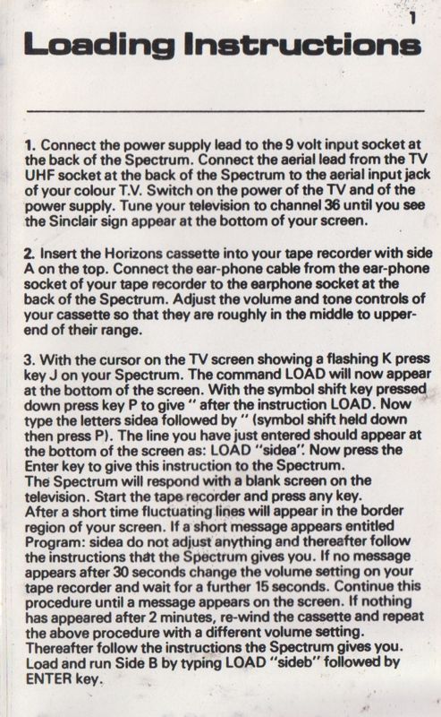 Inside Cover for Horizons: Software Starter Pack (ZX Spectrum): Page 1