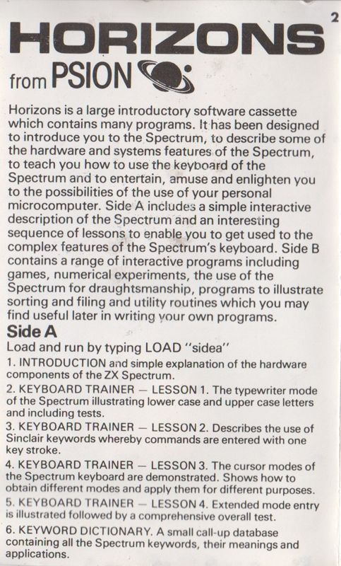 Inside Cover for Horizons: Software Starter Pack (ZX Spectrum): Page 2