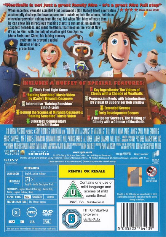 Back Cover for Cloudy with a Chance of Meatballs (included game) (DVD Player)
