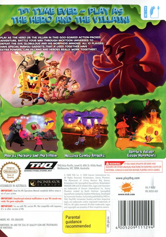 Back Cover for SpongeBob SquarePants Featuring Nicktoons: Globs of Doom (Wii)